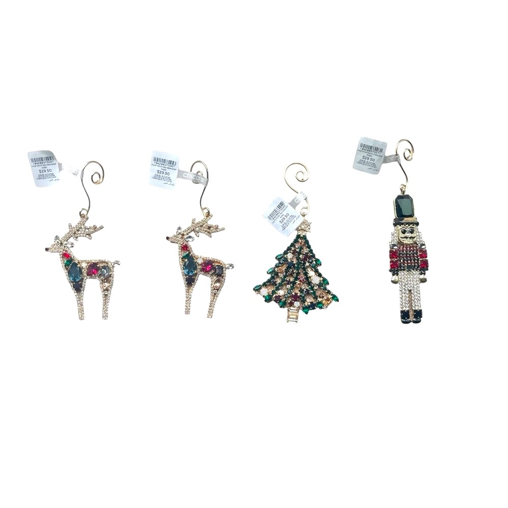 Chico's Festive Holiday Ornament Set of 4 - Tree, Nutcracker & 2 Reindeer